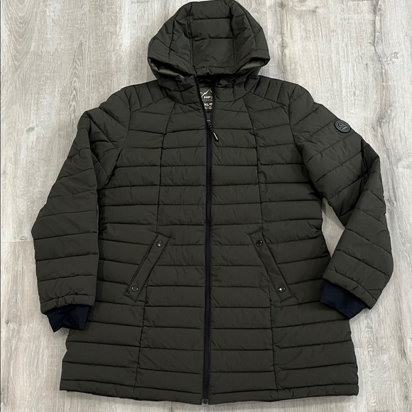 HFX 3/4 Stretch Hooded Puffer Jacket Coat Parka Water Resistant Womens XL Olive - Picture 2 of 14